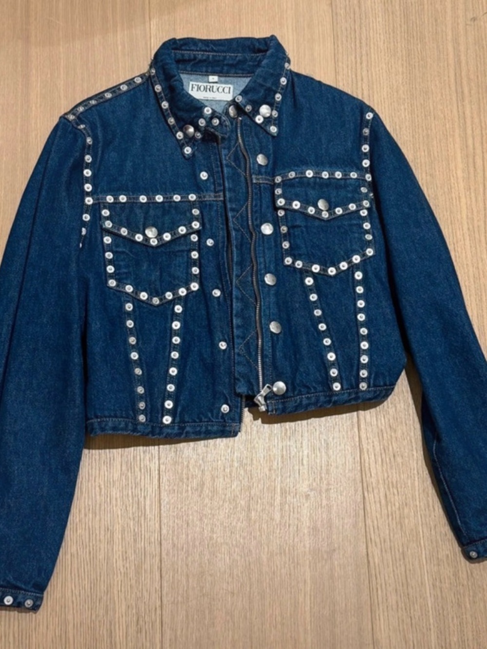 Fiorucci Navy Blue Studded Cropped Denim Jacket